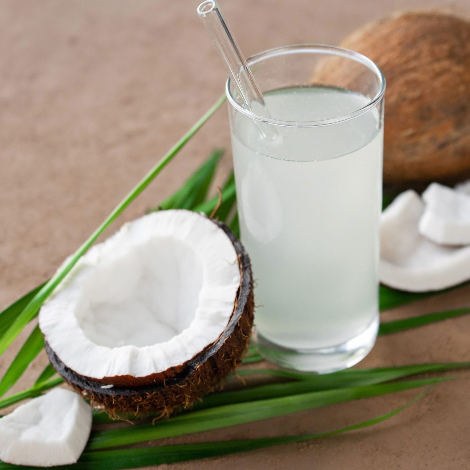 Coconut water: Clear liquid found inside coconuts.