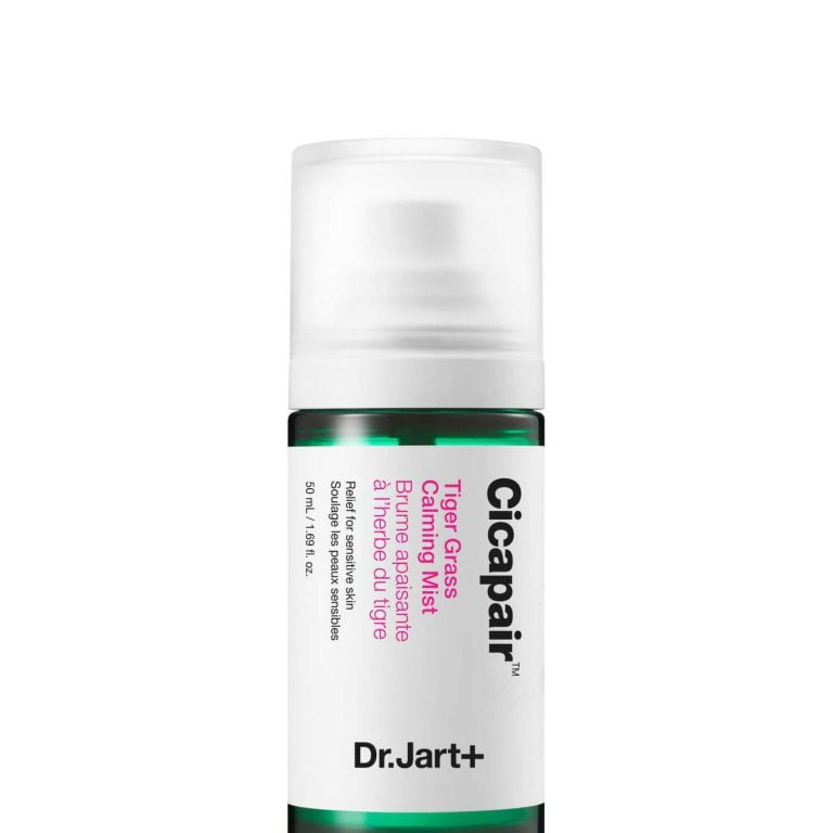 Cicapair: Skincare product from Korean brand “Dr. Jart+”. The green solution corrects color,  hiding blemishes and reducing redness.