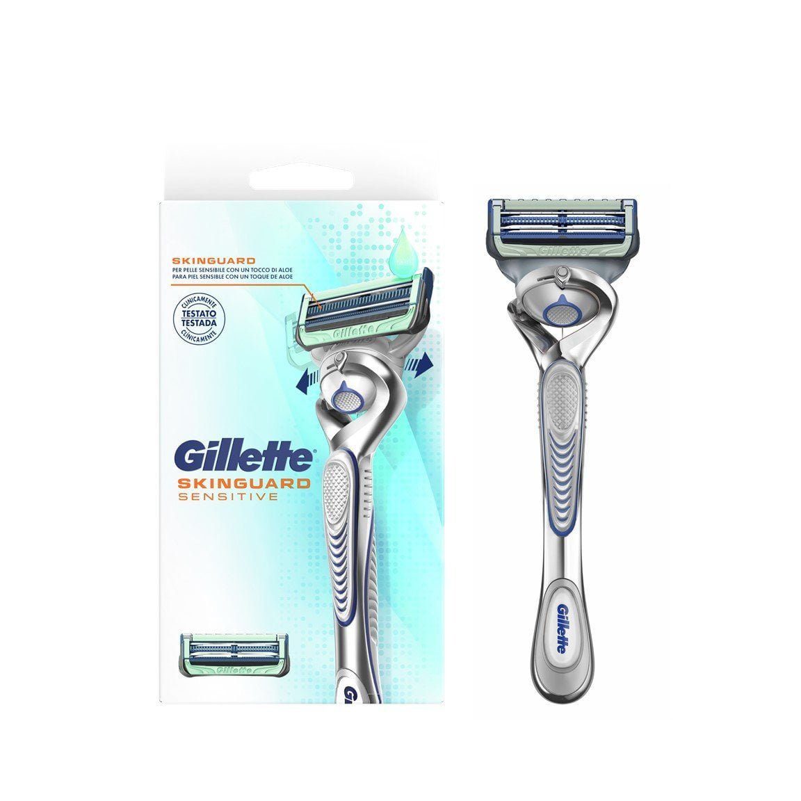 Skinguard: Gillette razor designed specifically for sensitive skin, minimizing tug and pull to prevent irritation.