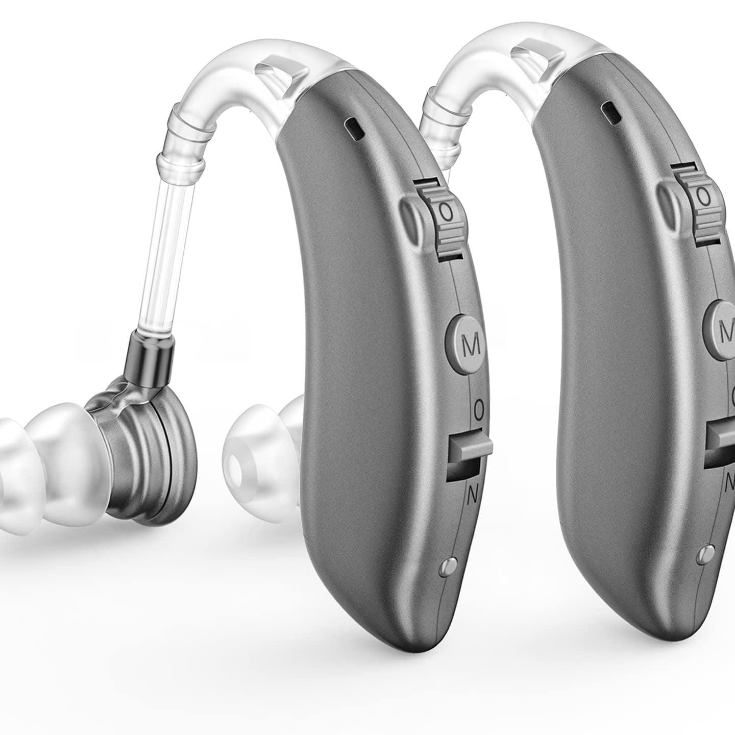 Rechargeable hearing aid: Hearing assistance device with built-in chargeable batteries.