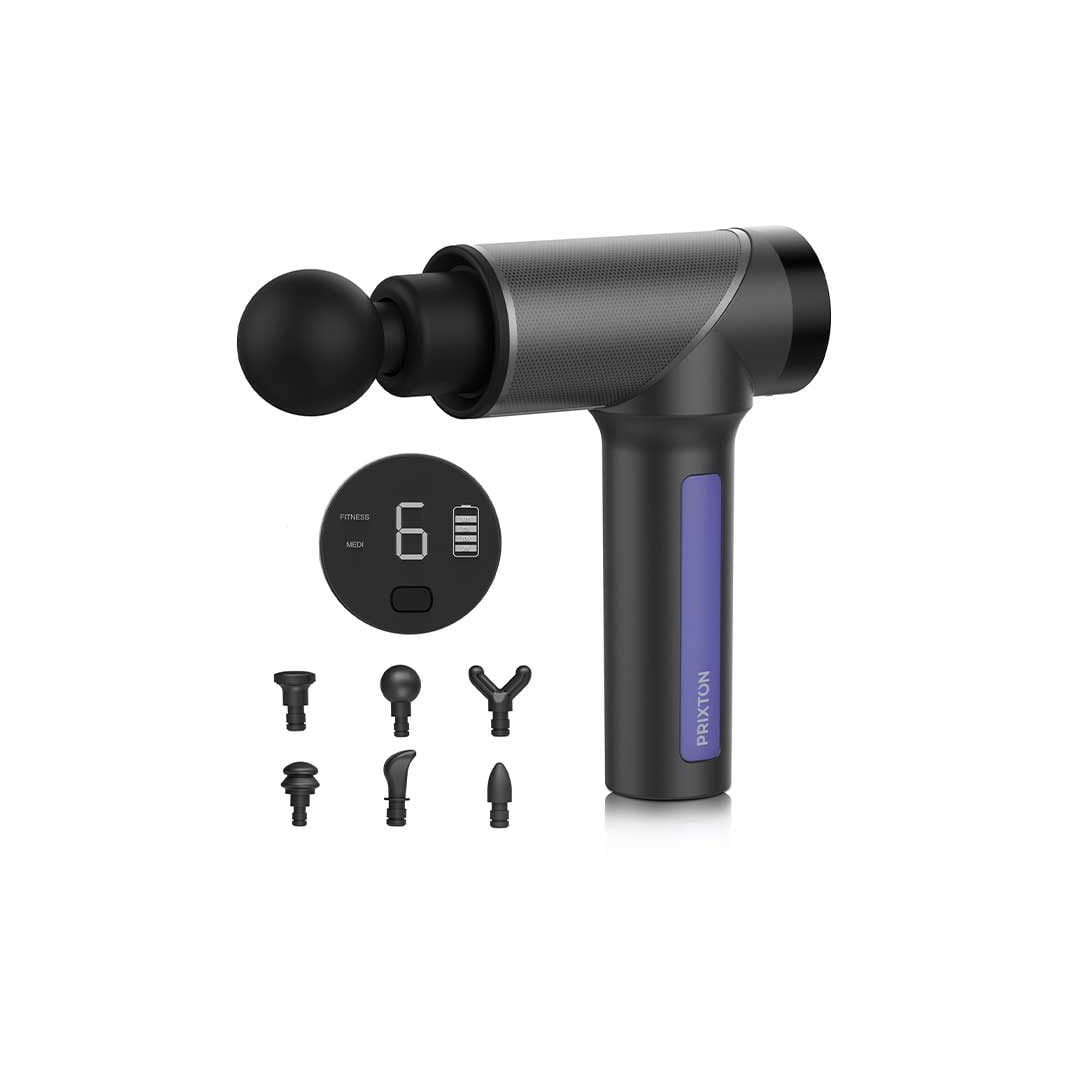 Hypervolt: Premium percussion massage gun made by Hyperice. The Bluetooth-connected device has multiple speed settings.