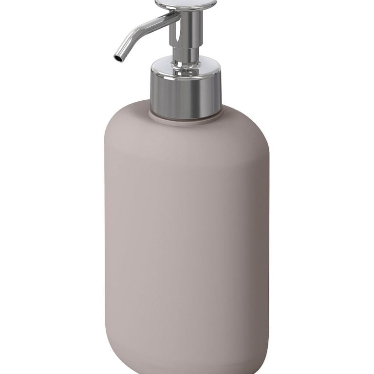 Shampoo dispenser: Ceramic bottle that disburses shampoo when pressed upon.