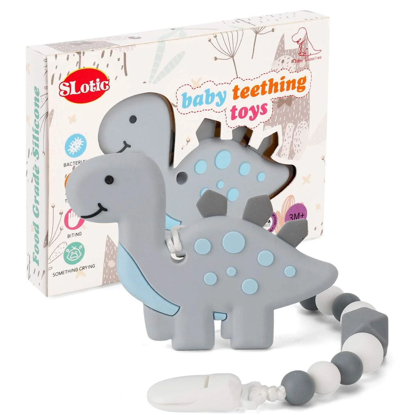 teether: Chew toy designed for infants whose teeth are starting to come through. They can relieve pain and stimulate tooth surfacing.